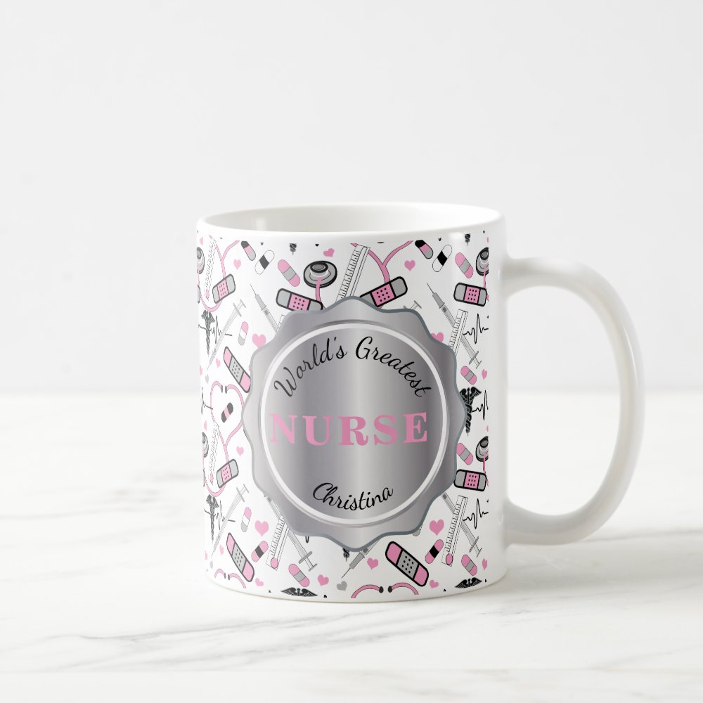 cute pink nurse doctor ekg caduceus pattern name coffee mug - Nurse Gift For You